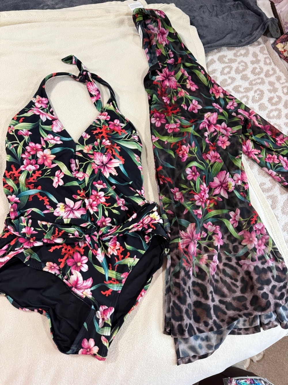 Carmen Marc Valvo Black Tropical Floral One-Piece with Sheer Floral Cover-Up